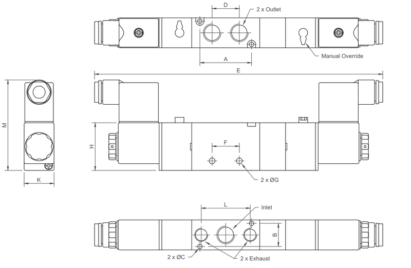 5/3 way solenoid valve closed centres dimensions