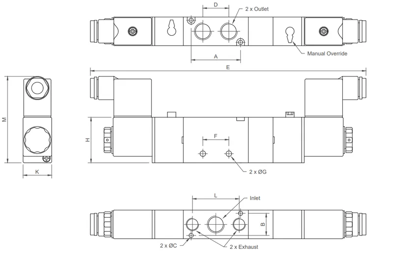 5/3 way solenoid valve closed centres dimensions