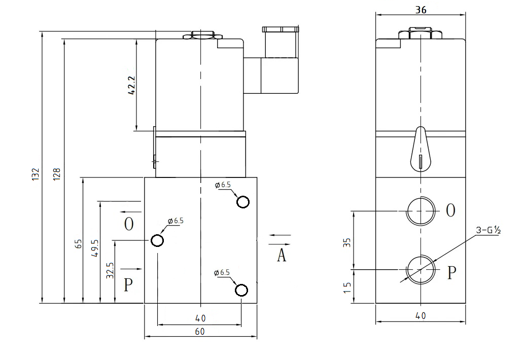 High Pressure 3 Way 2 Position Normally Closed Solenoid Valve Dimensions 1/2"