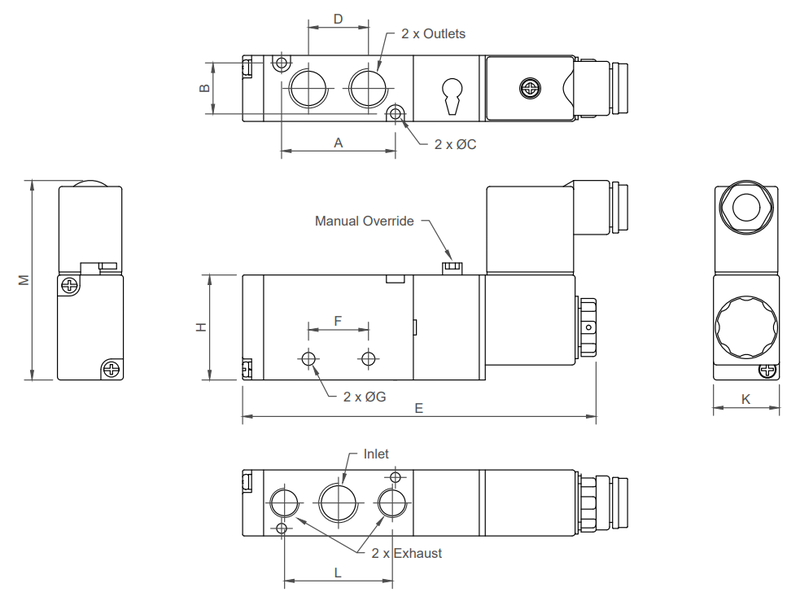 5/2 way solenoid valve dimensions