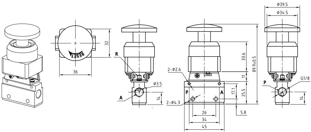 1/8" 3 way 2 position palm latching valve