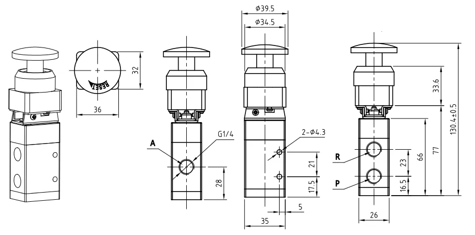 1/4" 3 way 2 position palm latching valve