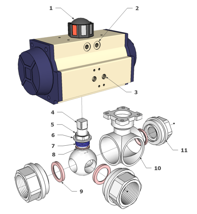 3 way double acting ball valve construction