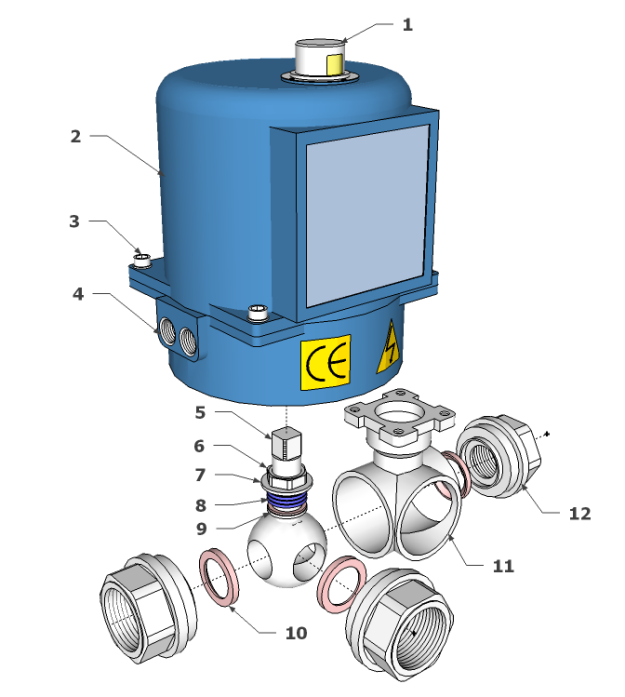 3 way electrically actuated ball valve construction